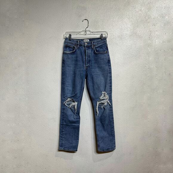 AGOLDE Blue Riley Distressed Cropped Straight Leg Jeans Sz 26 - Picture 2 of 13